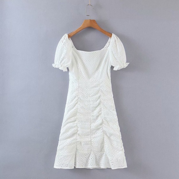 Boho White Eyelet Floral Fitted Ruffle Mini Dress - Picture 8 of 8